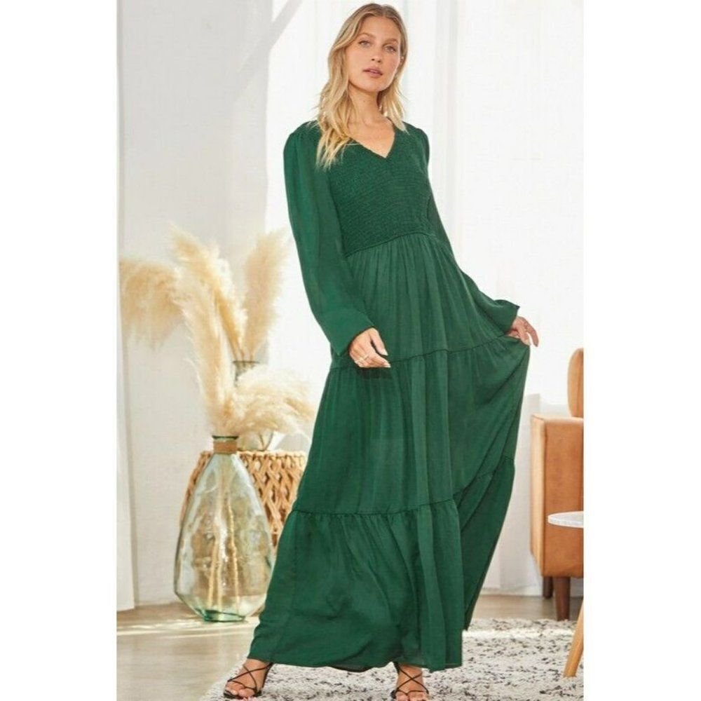 Emerald Estate Smocked Tiered Maxi Dress Long Sleeve V Neck Hunter Green - Picture 5 of 7